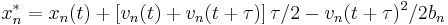 x_n^\ast=x_n(t)%2B\left[v_n(t)%2Bv_n(t%2B\tau)\right]\tau/2-v_n(t%2B\tau)^2/2b_n 