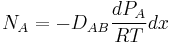  N_{A}=-D_{AB} \frac{dP_{A}}{RT} dx