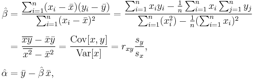 \begin{align}
  \hat\beta & = \frac{ \sum_{i=1}^{n} (x_{i}-\bar{x})(y_{i}-\bar{y}) }{ \sum_{i=1}^{n} (x_{i}-\bar{x})^2 }
              = \frac{ \sum_{i=1}^{n}{x_{i}y_{i}} - \frac1n \sum_{i=1}^{n}{x_{i}}\sum_{j=1}^{n}{y_{j}}}{ \sum_{i=1}^{n}({x_{i}^2}) - \frac1n (\sum_{i=1}^{n}{x_{i}})^2 } \\[6pt]
            & = \frac{ \overline{xy} - \bar{x}\bar{y} }{ \overline{x^2} - \bar{x}^2 }
              = \frac{ \operatorname{Cov}[x,y] }{ \operatorname{Var}[x] }
              = r_{xy} \frac{s_y}{s_x}, \\[6pt]
 \hat\alpha & = \bar{y} - \hat\beta\,\bar{x},
\end{align}