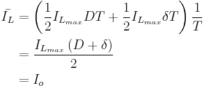 \begin{align}
  \bar{I_L} &= \left(\frac{1}{2}I_{L_{max}}DT %2B \frac{1}{2}I_{L_{max}}\delta T\right)\frac{1}{T}\\
            &= \frac{I_{L_{max}}\left(D %2B \delta\right)}{2}\\
            &= I_o
\end{align}