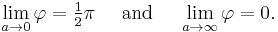  \lim_{a\to 0}\varphi = \tfrac{1}{2}\pi\quad\text{ and }\quad\lim_{a\to\infty} \varphi = 0.  