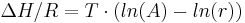 \Delta H/R = T \cdot (ln(A) - ln(r))