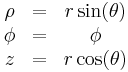 \begin{matrix}
    \rho & = & r\sin(\theta) \\
    \phi & = & \phi\\
    z    & = & r\cos(\theta) \end{matrix}