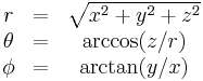 \begin{matrix}
    r      & = & \sqrt{x^2%2By^2%2Bz^2} \\
    \theta & = & \arccos(z/r)\\
    \phi   & = & \arctan(y/x) \\ \end{matrix}