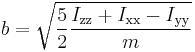 b = \sqrt{{5 \over 2} {I_{\mathrm{zz}}%2BI_{\mathrm{xx}}-I_{\mathrm{yy}} \over m}}