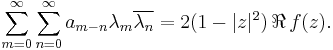 \sum_{m=0}^\infty\sum_{n=0}^\infty a_{m-n} \lambda_m\overline{\lambda_n} = 2(1-|z|^2) \,\Re\, f(z).