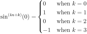 \sin^{(4n%2Bk)}(0)=\begin{cases}
0 & \text{when } k=0 \\
1 & \text{when } k=1 \\
0 & \text{when } k=2 \\
-1 &  \text{when } k=3 \end{cases}