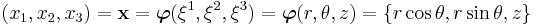 
   (x_1, x_2, x_3) = \mathbf{x} = \boldsymbol{\varphi}(\xi^1, \xi^2, \xi^3) = \boldsymbol{\varphi}(r, \theta, z)
     = \{r\cos\theta, r\sin\theta, z\}
 