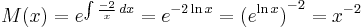 M(x)=e^{\int \frac{-2}{x}\,dx} = e^{-2 \ln x} = {(e^{\ln x})}^{-2} = x^{-2} 