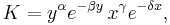  K = y^\alpha e^{-\beta y} \, x^\gamma e^{-\delta x}, 