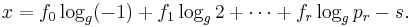 x = f_0 \log_g(-1) %2B f_1 \log_g2 %2B \cdots %2B f_r \log_g p_r - s.