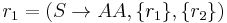 r_1 = (S \to AA, \{r_1\}, \{r_2\})