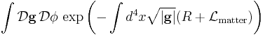 \int \mathcal{D}\bold{g}\, \mathcal{D}\phi\, \exp\left(-\int d^4x \sqrt{|\bold{g}|}(R%2B\mathcal{L}_\mathrm{matter})\right)