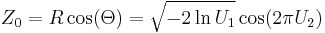 Z_0 = R \cos(\Theta) =\sqrt{-2 \ln U_1} \cos(2 \pi U_2)\,