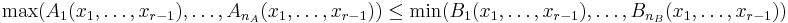 \max(A_1(x_1, \dots, x_{r-1}), \dots, A_{n_A}(x_1, \dots, x_{r-1})) \leq \min(B_1(x_1, \dots, x_{r-1}), \dots, B_{n_B}(x_1, \dots, x_{r-1}))