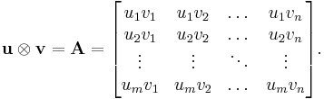 \mathbf{u} \otimes \mathbf{v} = \mathbf{A} = 
\begin{bmatrix}u_1v_1 & u_1v_2 & \dots & u_1v_n \\ u_2v_1 & u_2v_2 & \dots & u_2v_n \\ \vdots & \vdots & \ddots & \vdots\\ u_mv_1 & u_mv_2 & \dots & u_mv_n \end{bmatrix}.