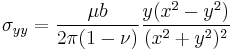  \sigma_{yy} = \frac {\mu b} {2 \pi (1-\nu)} \frac {y(x^2 -y^2)} {(x^2 %2By^2)^2}