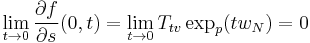 
\lim_{t\rightarrow 0}\frac{\partial f}{\partial s}(0,t) = \lim_{t\rightarrow 0}T_{tv}\exp_p(tw_N) = 0
