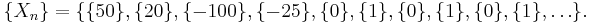 \{X_n\} = \{ \{50\}, \{20\}, \{-100\}, \{-25\}, \{0\},\{1\},\{0\},\{1\},\{0\},\{1\},\dots \}.