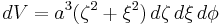 
dV = a^{3} (\zeta^2%2B\xi^2)\,d\zeta\,d\xi\,d\phi
