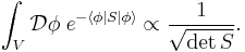  \int_V \mathcal D \phi \; e^{-\langle\phi|S|\phi\rangle} \propto \frac1{\sqrt{\det S}}. 