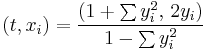 (t, x_i) = \frac {\left( 1%2B\sum{y_i^2},\, 2 y_i \right)} {1-\sum{y_i^2}}