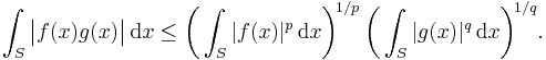 \int_S \bigl| f(x)g(x)\bigr| \,\mathrm{d}x \le\biggl(\int_S |f(x)|^p\,\mathrm{d}x\biggr)^{\!1/p\;} \biggl(\int_S |g(x)|^q\,\mathrm{d}x\biggr)^{\!1/q}.