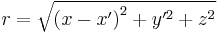 r = \sqrt{\left(x - x^\prime\right)^2 %2B y^{\prime2} %2B z^2}