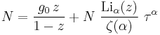 N = \frac{g_0\,z}{1-z}%2BN~\frac{\textrm{Li}_\alpha(z)}{\zeta(\alpha)}~\tau^\alpha