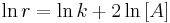 \ln{}r = \ln{}k %2B 2\ln\left[A\right] 