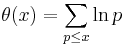 \theta(x)=\sum_{p\le x}\ln p