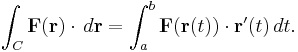 \int_C \mathbf{F}(\mathbf{r})\cdot\,d\mathbf{r} = \int_a^b \mathbf{F}(\mathbf{r}(t))\cdot\mathbf{r}'(t)\,dt.