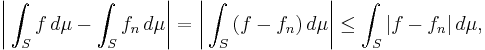 
    \biggl| \int_S{f\,d\mu} - \int_S{f_n\,d\mu} \biggr|
    =   \biggl| \int_S{(f-f_n)\,d\mu} \biggr|
    \le \int_S{|f-f_n|\,d\mu} ,
