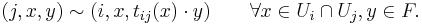 (j,x,y) \sim (i,x,t_{ij}(x)\cdot y)\qquad \forall x\in U_i \cap U_j, y\in F.