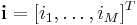 \mathbf{i}=[i_1,\ldots,i_M]^T