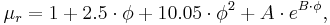 \mu_r = 1 %2B 2.5 \cdot \phi %2B 10.05 \cdot \phi^2 %2B A \cdot e^{B \cdot \phi},