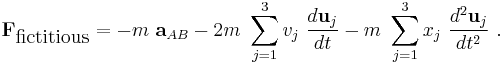  \mathbf{F}_{\mbox{fictitious}} =-m\ \mathbf{a}_{AB} -2m\ \sum_{j=1}^3 v_j \ \frac{d \mathbf{u}_j}{dt} - m\ \sum_{j=1}^3 x_j \ \frac{d^2 \mathbf{u}_j}{dt^2}\ . 