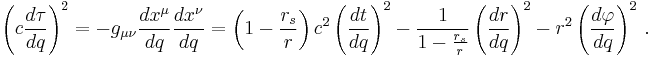 
\left(c \frac{d\tau}{dq}\right)^2 = - g_{\mu\nu} \frac{dx^{\mu}}{dq} \frac{dx^{\nu}}{dq} = 
\left( 1 - \frac{r_{s}}{r} \right) c^{2} \left( \frac{dt}{dq} \right)^{2} - 
\frac{1}{1 - \frac{r_{s}}{r}} \left( \frac{dr}{dq} \right)^{2} - 
r^{2} \left( \frac{d\varphi}{dq} \right)^{2}
\,.