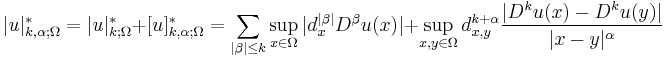 |u|^*_{k,\alpha;\Omega} = |u|^*_{k;\Omega} %2B [u]^*_{k,\alpha;\Omega} = \sum_{|\beta| \leq k} \sup_{x\in \Omega} |d_x^{|\beta|} D^\beta u(x)| %2B  \sup_{x,y\in \Omega} d_{x,y}^{k%2B\alpha} \frac{|D^k u(x) - D^k u(y)|}{|x-y|^\alpha}