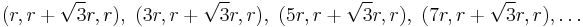 (r, r %2B \sqrt{3}r, r),\ (3r, r %2B \sqrt{3}r, r),\ (5r, r %2B \sqrt{3}r, r),\ (7r, r %2B \sqrt{3}r, r), \dots