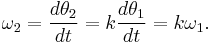 
\omega_{2} = \frac{d\theta_{2}}{dt} = k \frac{d\theta_{1}}{dt} = k \omega_{1}.
