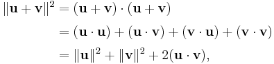 
\begin{alignat}{2}
\|\textbf{u}%2B\textbf{v}\|^2 &= (\textbf{u}%2B\textbf{v})\cdot(\textbf{u}%2B\textbf{v}) \\[3pt]
&= (\textbf{u}\cdot\textbf{u}) %2B (\textbf{u}\cdot\textbf{v}) %2B (\textbf{v}\cdot\textbf{u}) %2B (\textbf{v}\cdot\textbf{v}) \\[3pt]
&= \|\textbf{u}\|^2 %2B \|\textbf{v}\|^2 %2B 2(\textbf{u}\cdot\textbf{v}),
\end{alignat}
