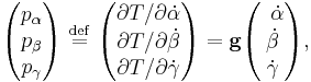 
\begin{pmatrix}
p_\alpha \\
p_\beta \\
p_\gamma \\
\end{pmatrix}
\ \stackrel{\mathrm{def}}{=}\  
\begin{pmatrix}
\partial T/{\partial \dot{\alpha}}\\ 
\partial T/{\partial \dot{\beta}} \\
\partial T/{\partial \dot{\gamma}} \\
\end{pmatrix}
= \mathbf{g} 
\begin{pmatrix} \; \,
\dot{\alpha} \\ \dot{\beta} \\ \dot{\gamma}\\
\end{pmatrix},
