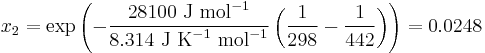  x_2  = \exp {\left(- \frac {28100 \mbox{ J mol}^{-1}} {8.314 \mbox{ J K}^{-1} \mbox{ mol}^{-1}}\left(\frac{1}{298}- \frac{1}{442}\right)\right)}= 0.0248 