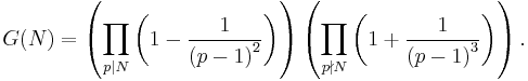 G(N)=\left(\prod_{p\mid N}\left(1-{1\over{\left(p-1\right)}^2}\right)\right)\left(\prod_{p\nmid N}\left(1%2B{1\over{\left(p-1\right)}^3}\right)\right).