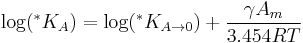 \log(^*K_{A}) = \log(^*K_{A \to 0}) %2B \frac{\gamma A_m} {3.454RT}