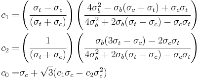 
  \begin{align}
    c_1 = & \left(\cfrac{\sigma_t-\sigma_c}{(\sigma_t%2B\sigma_c)}\right)
      \left(\cfrac{4\sigma_b^2 - \sigma_b(\sigma_c%2B\sigma_t) %2B \sigma_c\sigma_t}{4\sigma_b^2 %2B 2\sigma_b(\sigma_t-\sigma_c) - \sigma_c\sigma_t} \right) \\
    c_2 = & \left(\cfrac{1}{(\sigma_t%2B\sigma_c)}\right)
      \left(\cfrac{\sigma_b(3\sigma_t-\sigma_c) -2\sigma_c\sigma_t}{4\sigma_b^2 %2B 2\sigma_b(\sigma_t-\sigma_c) - \sigma_c\sigma_t} \right) \\
    c_0 = & \sigma_c %2B\sqrt{3}(c_1\sigma_c -c_2\sigma_c^2)
  \end{align}
 