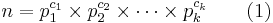 n = p_1^{c_1} \times p_2^{c_2} \times \cdots \times p_k^{c_k}\qquad (1)