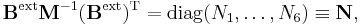 
\mathbf{B}^\mathrm{ext} \mathbf{M}^{-1} (\mathbf{B}^\mathrm{ext})^\mathrm{T}
= \operatorname{diag}(N_1,\ldots, N_6) \equiv\mathbf{N},
