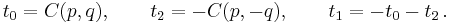 t_0=C(p,q),\qquad t_2=-C(p,-q), \qquad t_1=-t_0-t_2\,.